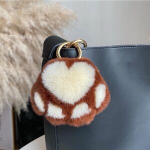 Furry Rex Real Rabbit fur pompom keychain-cat paw-KC037 Brown Paw Ivory heart